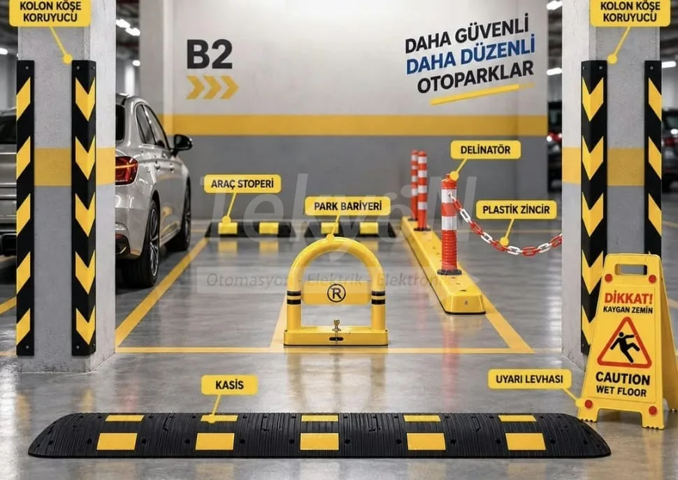 Akıllı otopark çözümleri: kolon köşe koruyucu, araç stoperi, park bariyeri, delinatör, plastik zincir, kasis ve uyarı levhası uygulanmış kapalı otopark